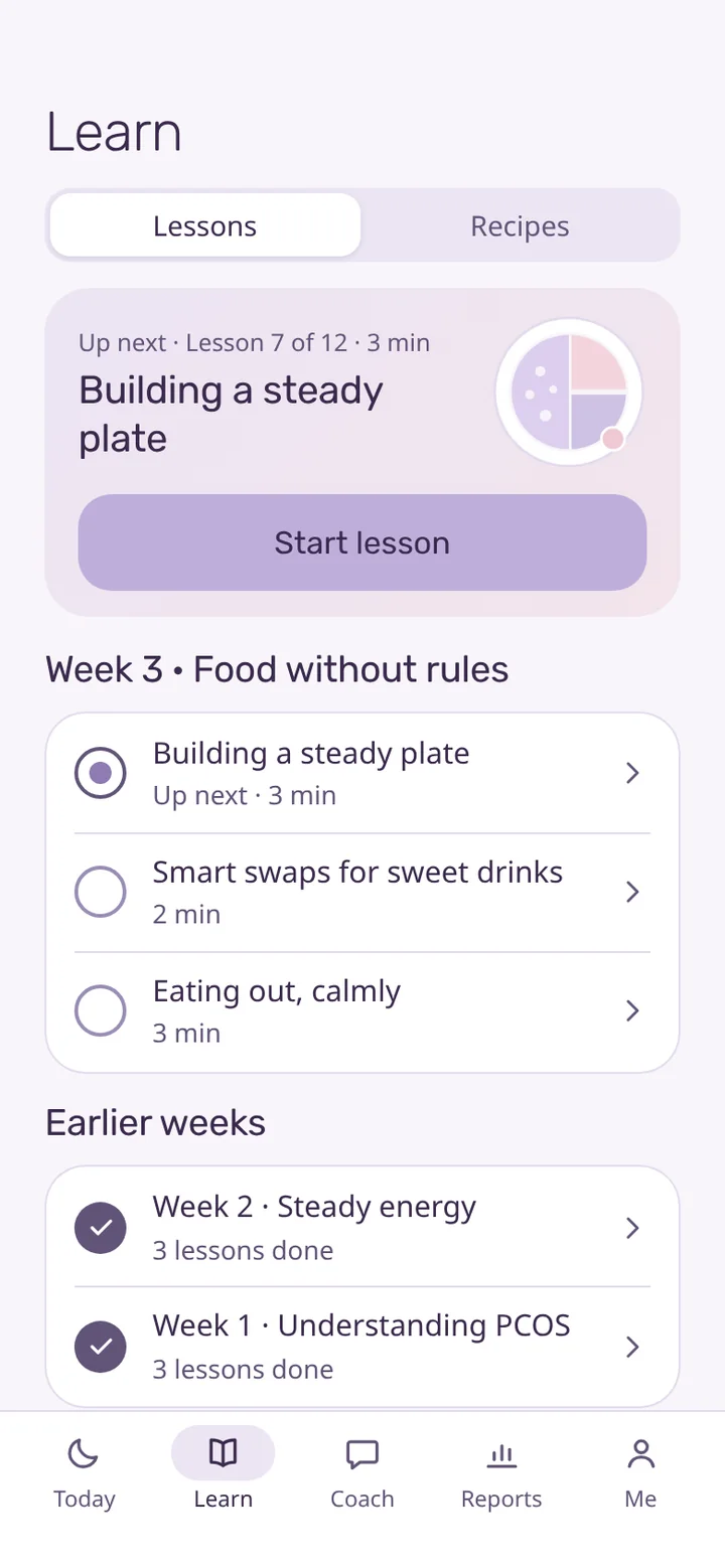 Learn screen with this week's lessons