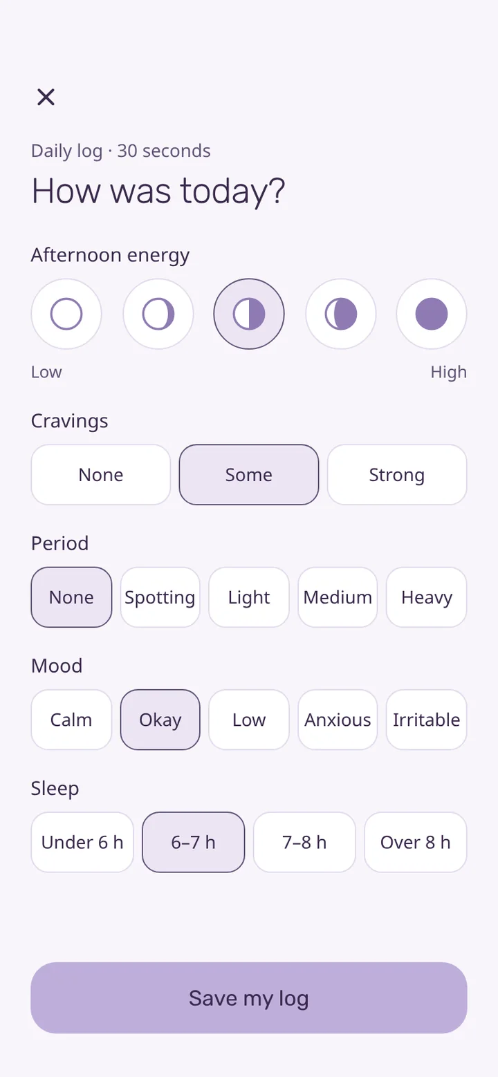 Daily log screen with energy, cravings, cycle and mood
